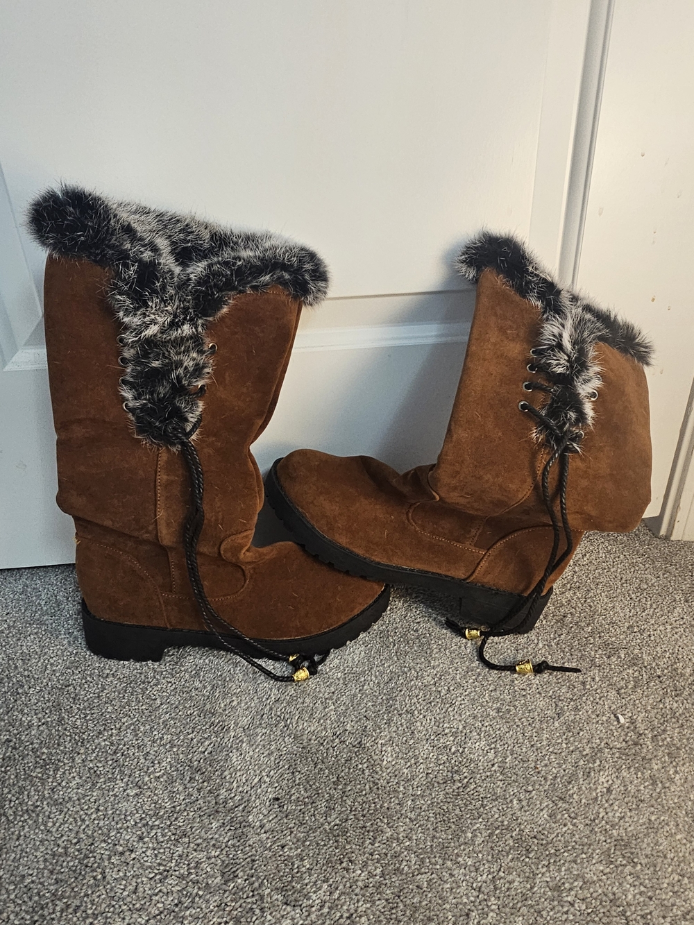 Brown Faux Fur-Trim Winter Boots for Women